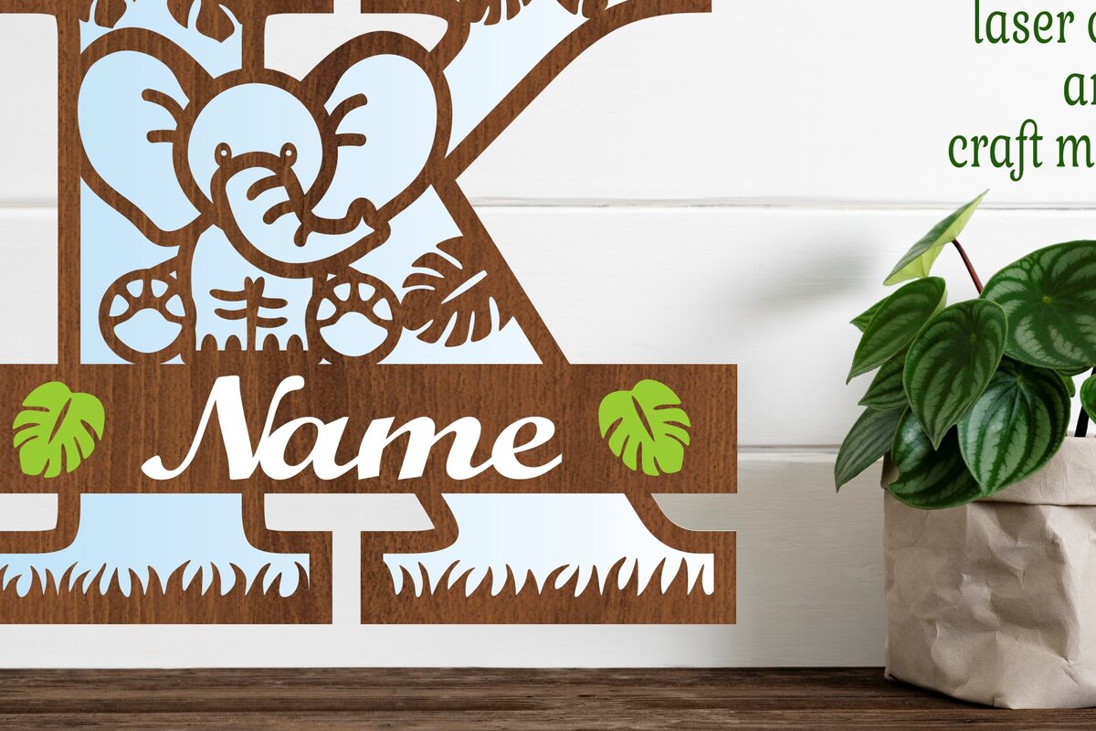 Intra απο ξύλο plywood  Χρώμα wenge 3mm-4mm πάχος - Μονόγραμμα με κεφαλαίο ελέφαντα Γράμμα K Δίασταση 30x20 cm INTRAFABR-97978510