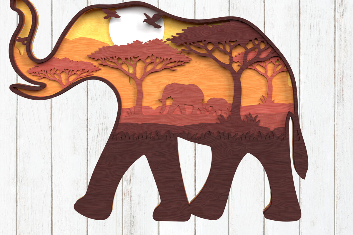 Σετ των 2 Intra απο ξύλο plywood  Χρώμα wenge 3mm-4mm πάχος - Σκηνή πολυεπίπεδη ηλιοβασίλεμα σαφάρι ελέφαντα Δίασταση 6x6 cm INTRAFABR-98217343