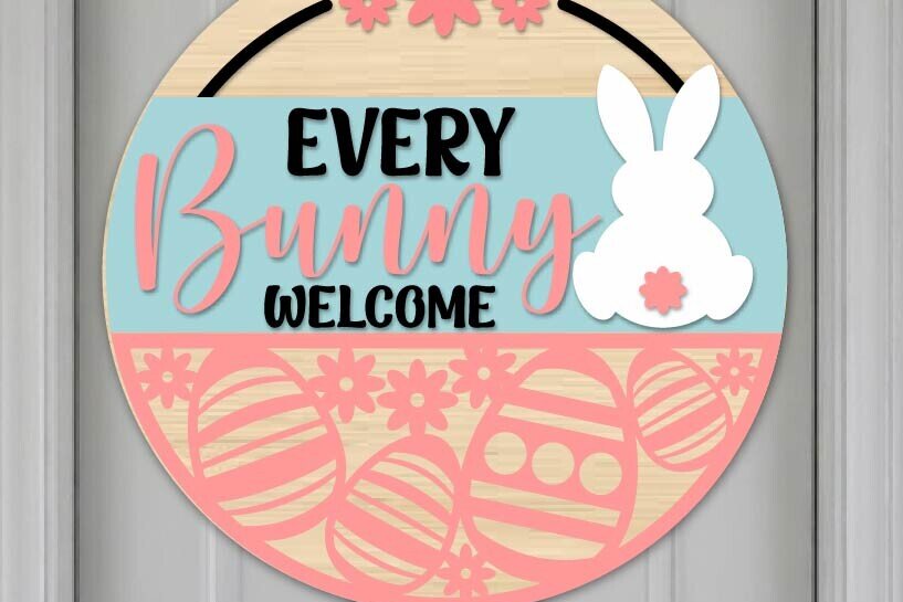 Σετ των 2 Intra απο ξύλο plywood  Χρώμα wenge 3mm-4mm πάχος - Κάθε Bunny Welcome Sign Cut File Δίασταση 4x4 cm INTRAFABR-95304169