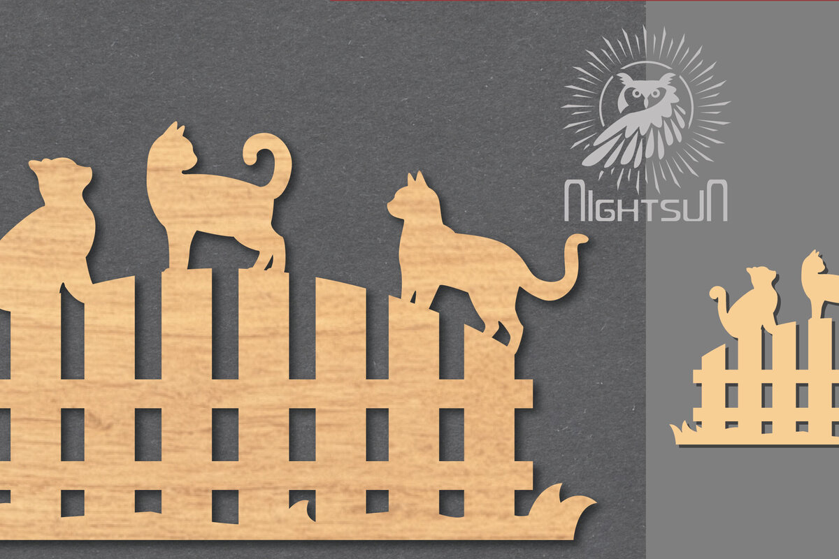 Σετ των 2 Intra απο ξύλο plywood  Χρώμα wenge 3mm-4mm πάχος - Οικογενειακή γάτα στο φράχτη Δίασταση 20x20 cm INTRAFABR-93102035