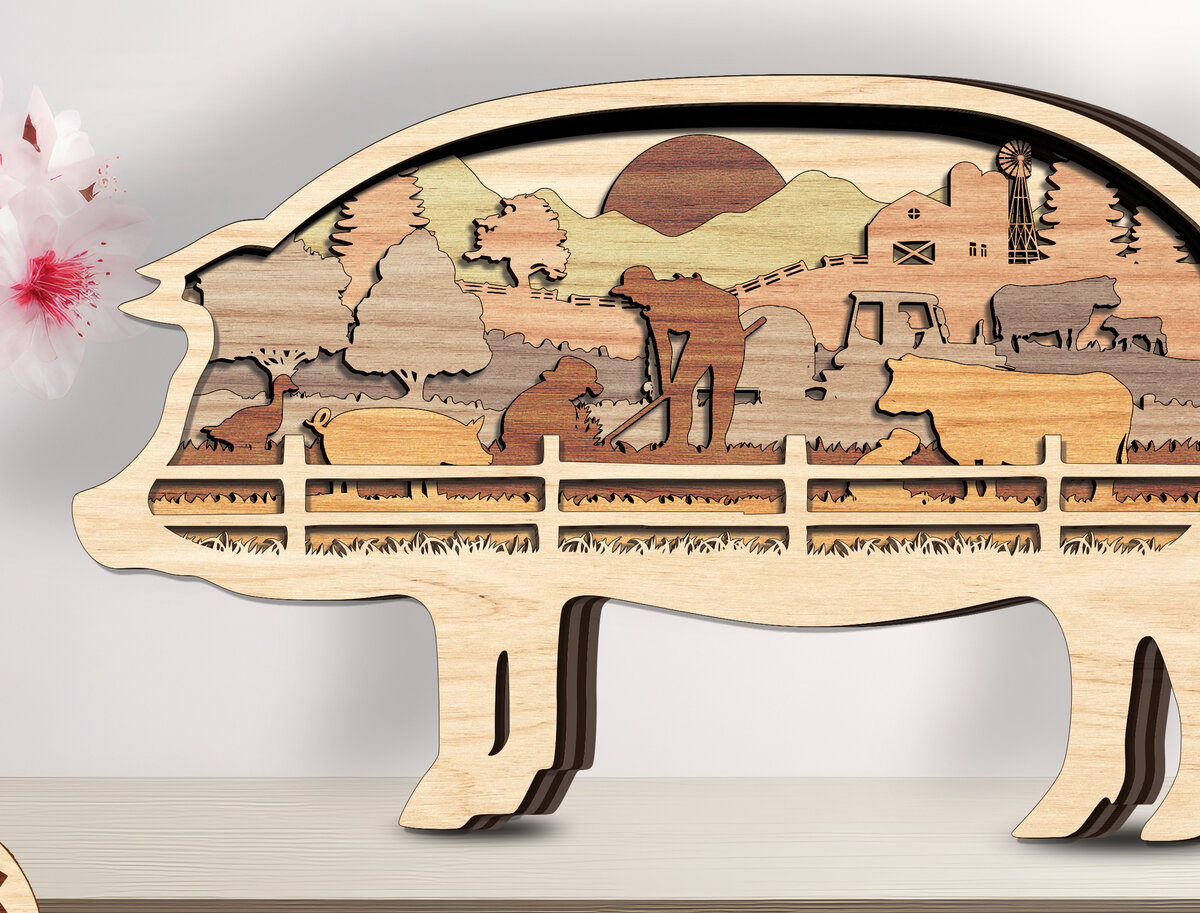 Σετ των 2 Intra απο ξύλο plywood  Χρώμα wenge 3mm-4mm πάχος - Φάρμα Ζώο Layered Cut File-Break Jhon Δίασταση 20x20 cm INTRAFABR-86764124