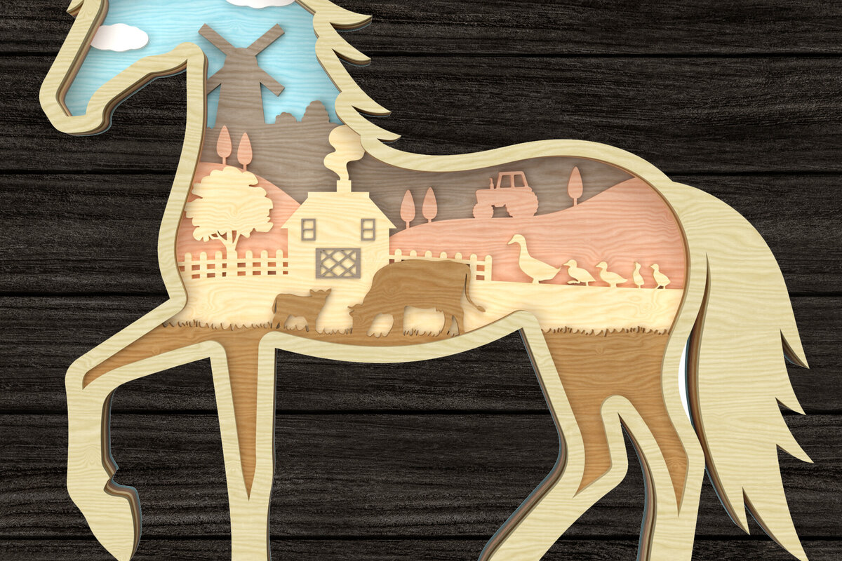 Intra απο ξύλο plywood  Χρώμα wenge 3mm-4mm πάχος - Farm Scene Horse Layered Δίασταση 30x20 cm INTRAFABR-23775243