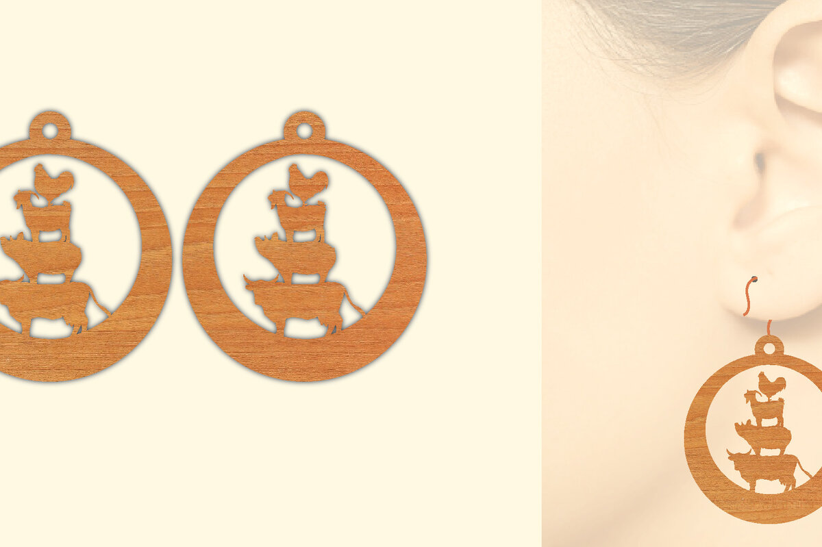 Σετ των 3 Intra απο ξύλο plywood  Χρώμα wenge 3mm-4mm πάχος - Ξύλινα σκουλαρίκια Farmhouse Animals Δίασταση 3x3 cm INTRAFABR-122380027