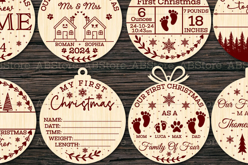 Σετ των 2 Intra απο ξύλο plywood  Χρώμα wenge 3mm-4mm πάχος - Πρώτο χριστουγεννιάτικο στολίδι Δίασταση 6x6 cm INTRAFABR-115720968