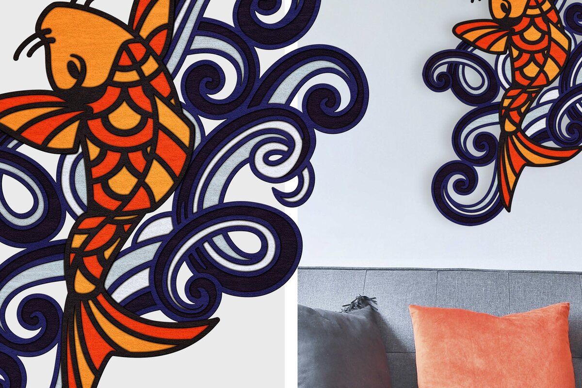 Σετ των 2 Intra απο ξύλο plywood  Χρώμα wenge 3mm-4mm πάχος - Fish and Swirly Waves Πολυεπίπεδη τέχνη Δίασταση 6x6 cm INTRAFABR-26534907