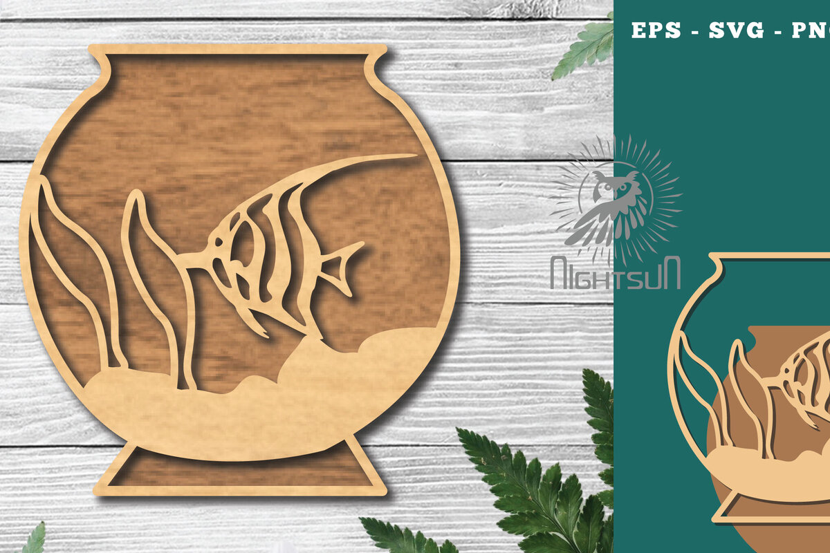 Σετ των 2 Intra απο ξύλο plywood  Χρώμα wenge 3mm-4mm πάχος - Ψάρια σε μπολ Διακόσμηση κοπής με λέιζερ 3 Δίασταση 20x20 cm INTRAFABR-105537123