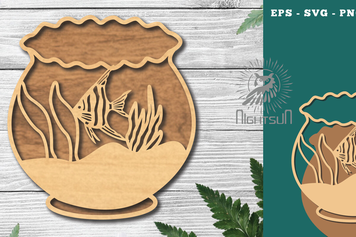 Σετ των 2 Intra απο ξύλο plywood  Χρώμα wenge 3mm-4mm πάχος - Ψάρια σε μπολ Διακόσμηση κοπής με λέιζερ 5 Δίασταση 20x20 cm INTRAFABR-111697084