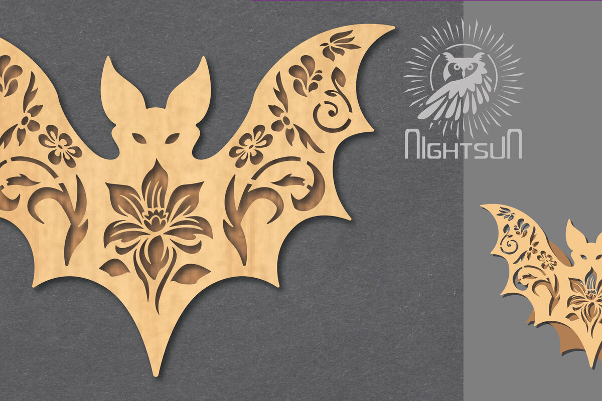 Σετ των 2 Intra απο ξύλο plywood  Χρώμα wenge 3mm-4mm πάχος - Διακόσμηση με λουλουδάτο κομμένο λέιζερ νυχτερίδα 1 Δίασταση 20x20 cm INTRAFABR-102420046