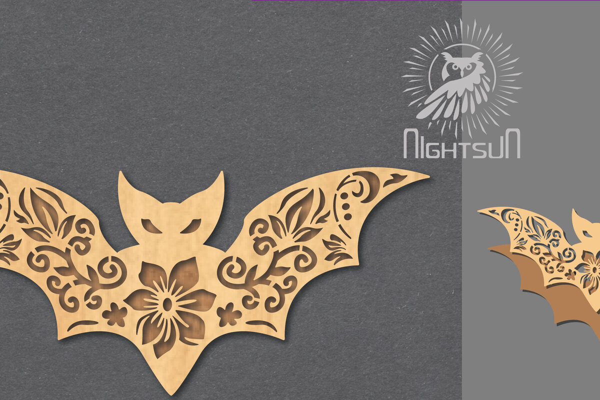 Σετ των 2 Intra απο ξύλο plywood  Χρώμα wenge 3mm-4mm πάχος - Διακόσμηση με λουλουδάτο κομμένο λέιζερ νυχτερίδα 4 Δίασταση 20x20 cm INTRAFABR-115927313