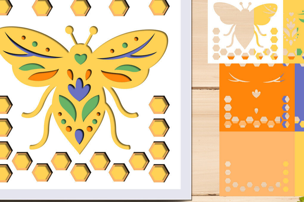 Σετ των 2 Intra απο ξύλο plywood  Χρώμα wenge 3mm-4mm πάχος - Floral Bee Shadow Box, 3d Layered Δίασταση 8x8 cm INTRAFABR-68367667