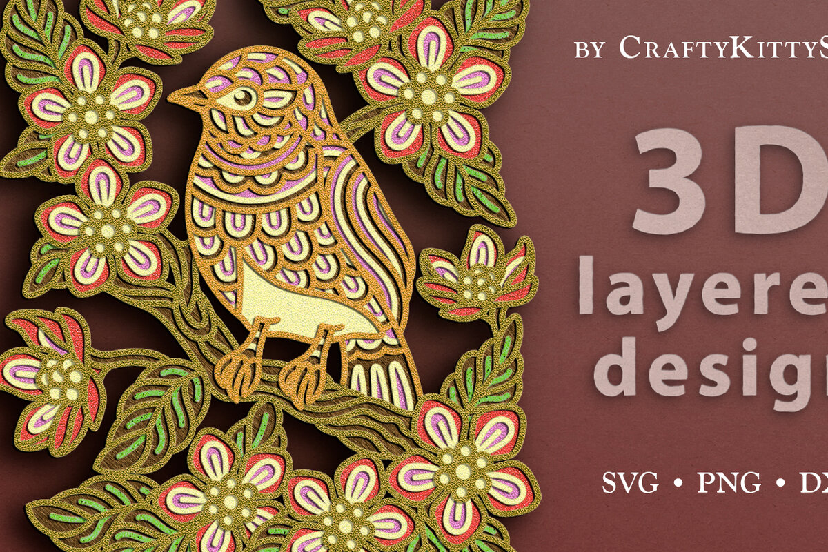 Intra απο ξύλο plywood  Χρώμα wenge 3mm-4mm πάχος - Floral Bird 3D Layered Cut Δίασταση 30x20 cm INTRAFABR-112842867