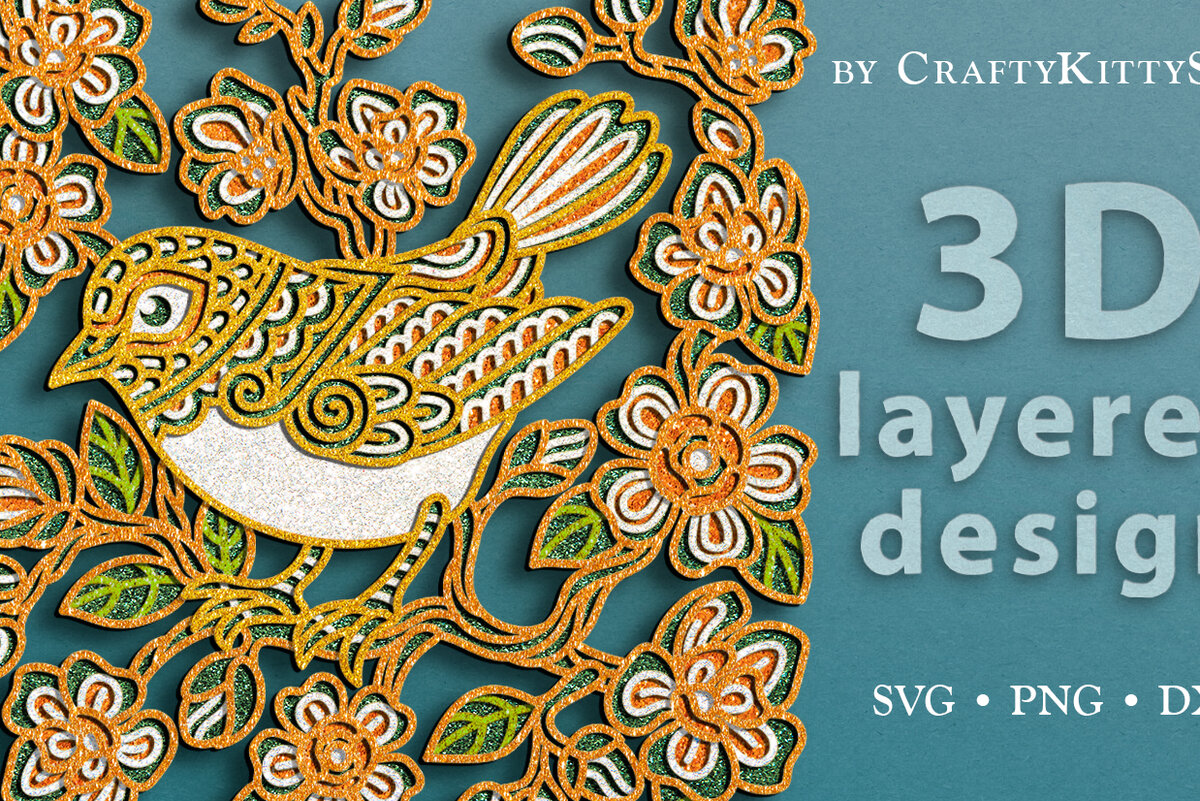 Intra απο ξύλο plywood  Χρώμα wenge 3mm-4mm πάχος - Floral Bird 3D Layered Cut Δίασταση 30x20 cm INTRAFABR-61050344