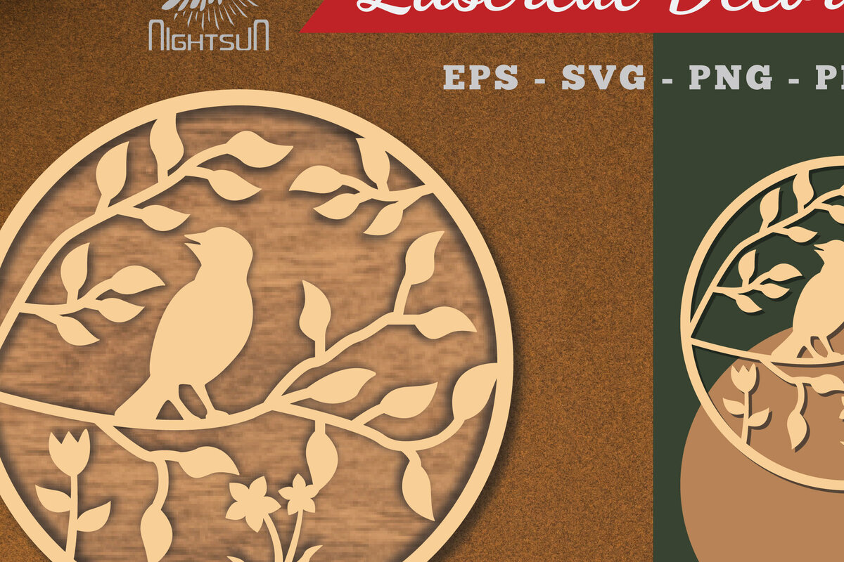 Σετ των 2 Intra απο ξύλο plywood  Χρώμα wenge 3mm-4mm πάχος - Floral Bird Round Decoration 2 Δίασταση 20x20 cm INTRAFABR-105557907