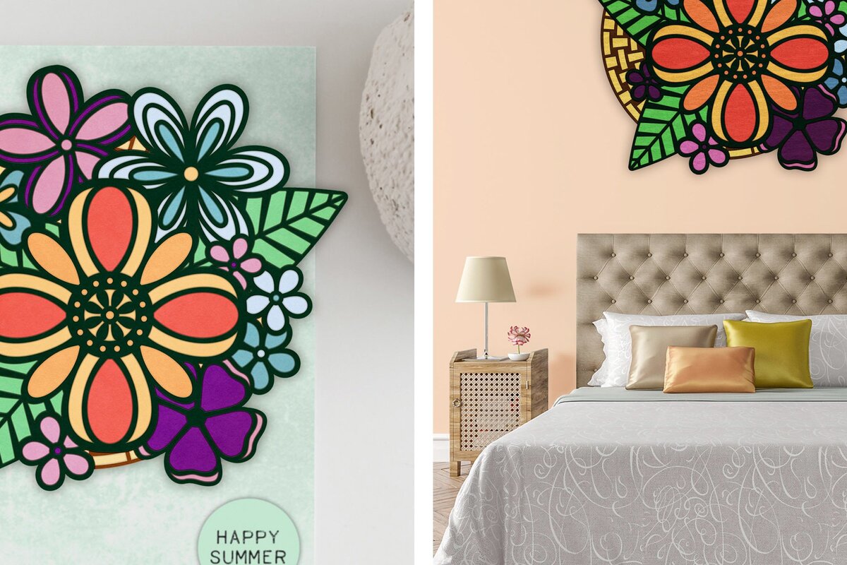 Σετ των 2 Intra απο ξύλο plywood  Χρώμα wenge 3mm-4mm πάχος - Μπουκέτο λουλουδιών σε στυλ Ζεν Doodle Δίασταση 6x6 cm INTRAFABR-43409895