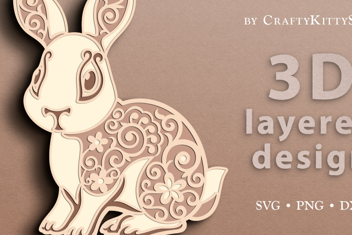 Σετ των 2 Intra απο ξύλο plywood  Χρώμα wenge 3mm-4mm πάχος - Floral Bunny 3D Layered Cut Δίασταση 15x15 cm INTRAFABR-85023153