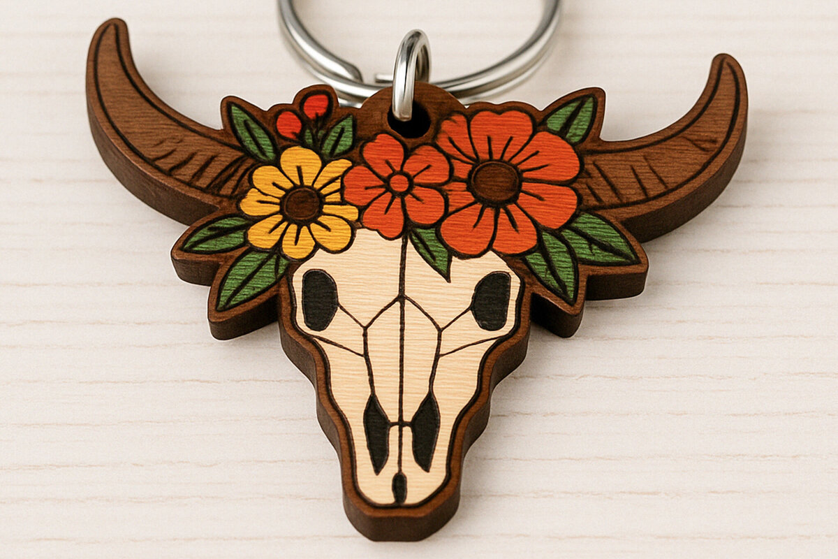 Σετ των 2 Intra απο ξύλο plywood  Χρώμα wenge 3mm-4mm πάχος - Μπρελόκ με λουλουδάτο κρανίο αγελάδας Δίασταση 4x4 cm INTRAFABR-122268711