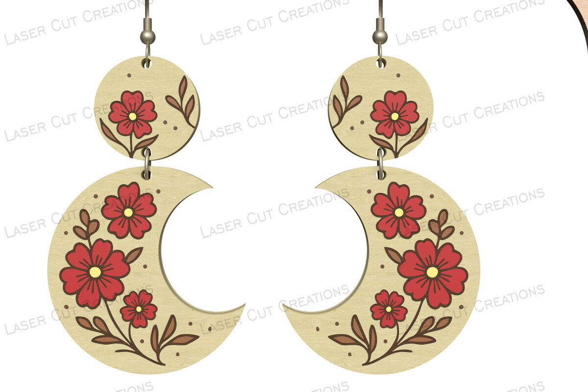 Σετ των 3 Intra απο ξύλο plywood  Χρώμα wenge 3mm-4mm πάχος - Floral σκουλαρίκια Crescent Moon Δίασταση 3x3 cm INTRAFABR-100963846