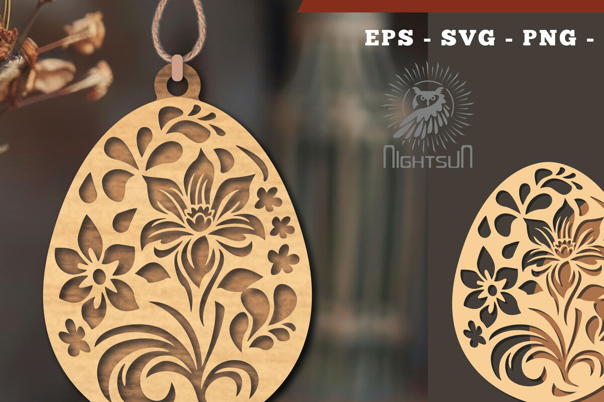 Σετ των 2 Intra απο ξύλο plywood  Χρώμα wenge 3mm-4mm πάχος - Στολίδι με φλοράλ αυγό κοπής με λέιζερ 4 Δίασταση 6x6 cm INTRAFABR-118956485