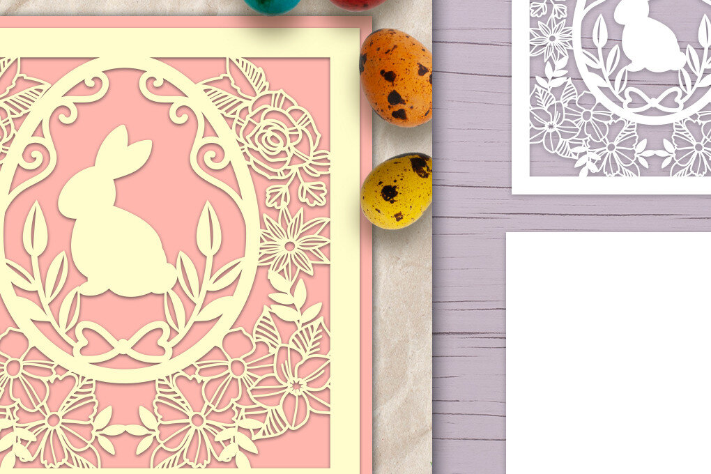 Σετ των 2 Intra απο ξύλο plywood  Χρώμα wenge 3mm-4mm πάχος - Κάρτα με λουλουδάτο καρέ Bunny Papercut Δίασταση 15x15 cm INTRAFABR-122638732