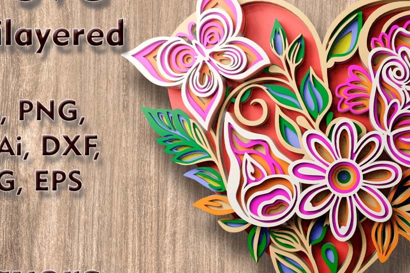 Intra απο ξύλο plywood  Χρώμα wenge 3mm-4mm πάχος - Αρχεία κομμένων πολλαπλών επιπέδων Floral Heart 3D Δίασταση 85x8 cm INTRAFABR-119881402