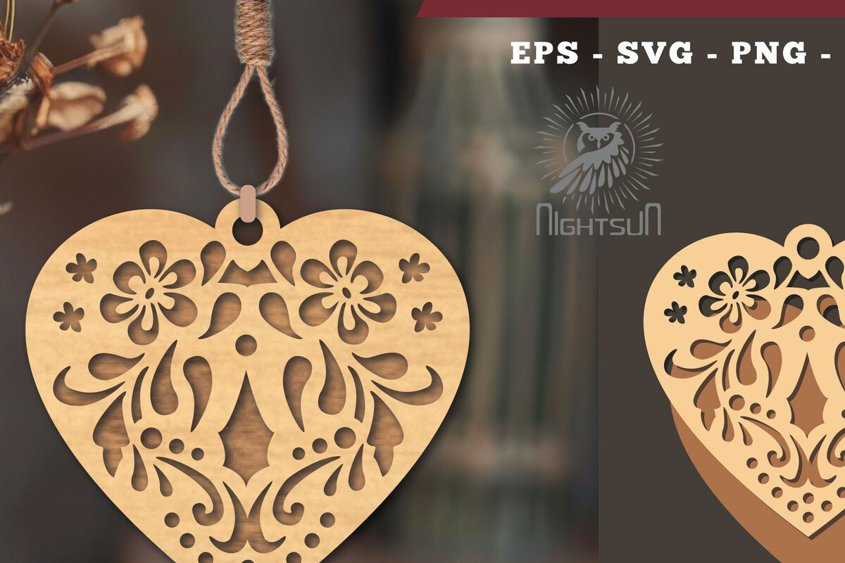 Σετ των 2 Intra απο ξύλο plywood  Χρώμα wenge 3mm-4mm πάχος - Στολίδι με λουλούδια κοπής με λέιζερ καρδιάς 3 Δίασταση 6x6 cm INTRAFABR-121996301