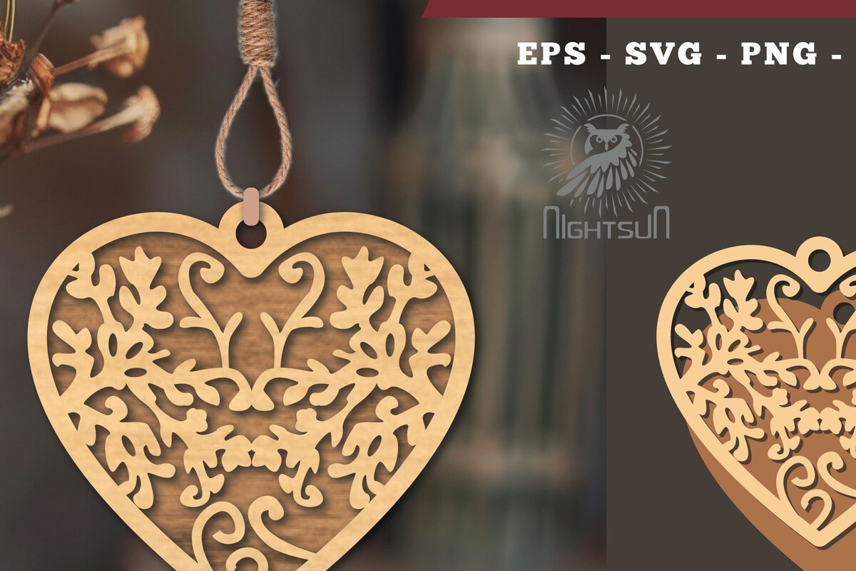 Σετ των 2 Intra απο ξύλο plywood  Χρώμα wenge 3mm-4mm πάχος - Στολίδι με λουλούδια κοπής με λέιζερ καρδιάς 4 Δίασταση 6x6 cm INTRAFABR-121996334