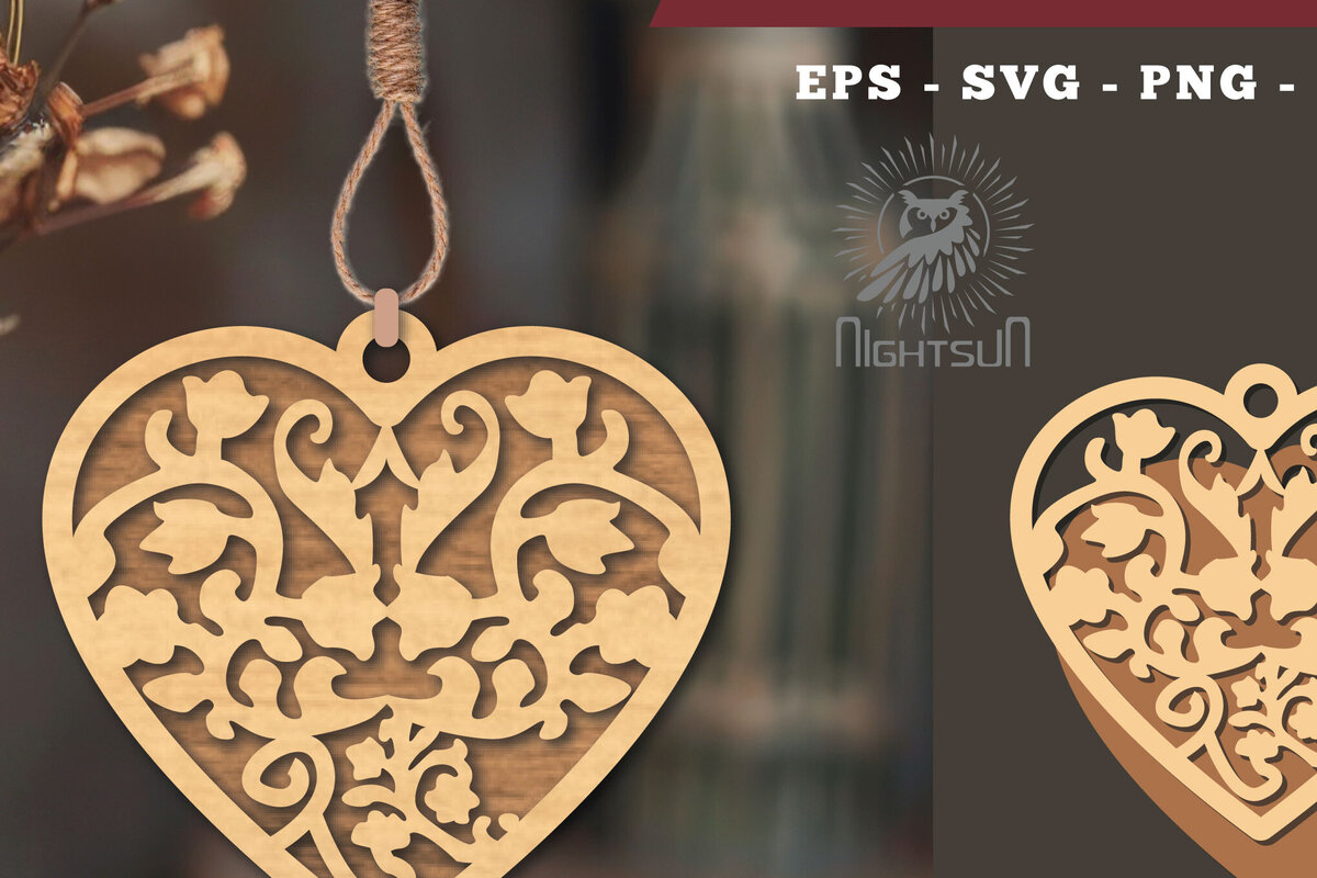 Σετ των 2 Intra απο ξύλο plywood  Χρώμα wenge 3mm-4mm πάχος - Στολίδι με λουλούδια κοπής με λέιζερ καρδιάς 5 Δίασταση 6x6 cm INTRAFABR-121996245