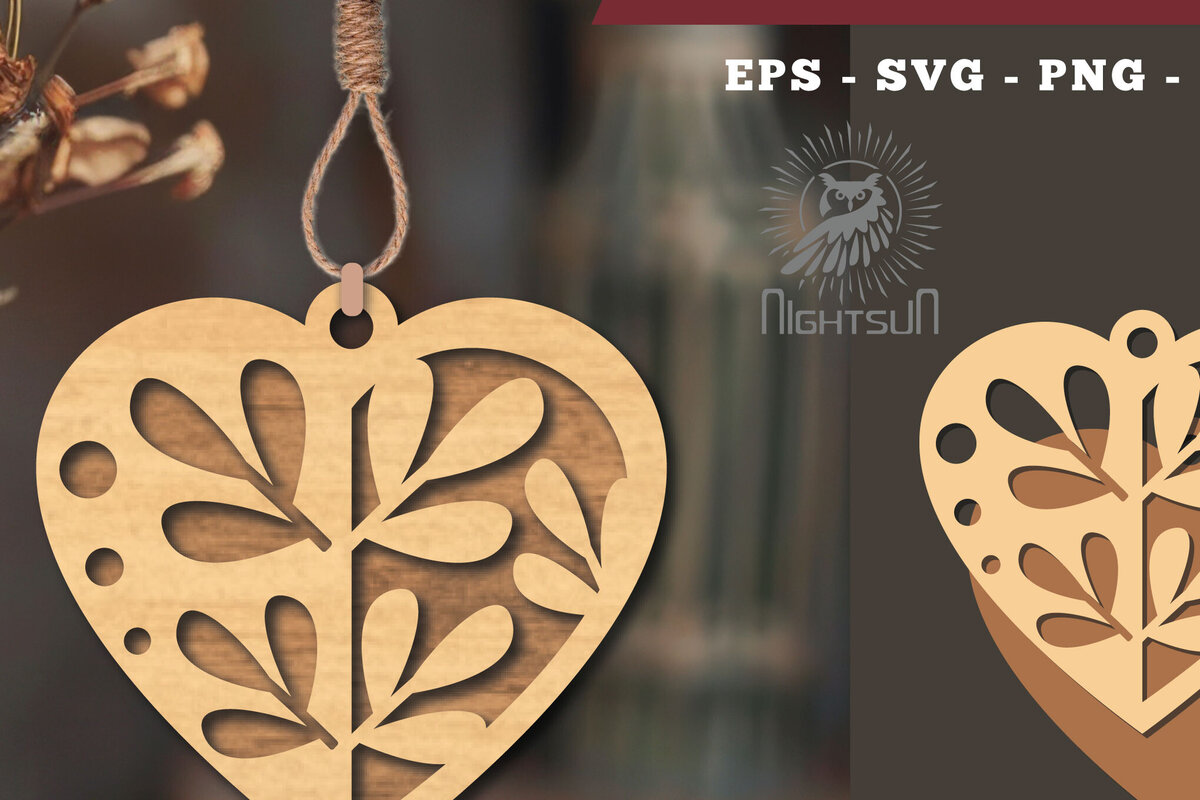 Σετ των 2 Intra απο ξύλο plywood  Χρώμα wenge 3mm-4mm πάχος - Στολίδι με λουλούδια κοπής με λέιζερ καρδιάς 7 Δίασταση 6x6 cm INTRAFABR-121996384