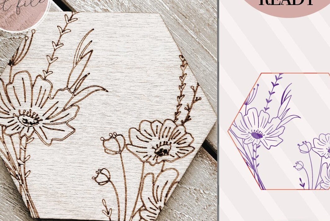 Σετ των 2 Intra απο ξύλο plywood  Χρώμα wenge 3mm-4mm πάχος - Floral εξάγωνο Δίασταση 6x6 cm INTRAFABR-36143730