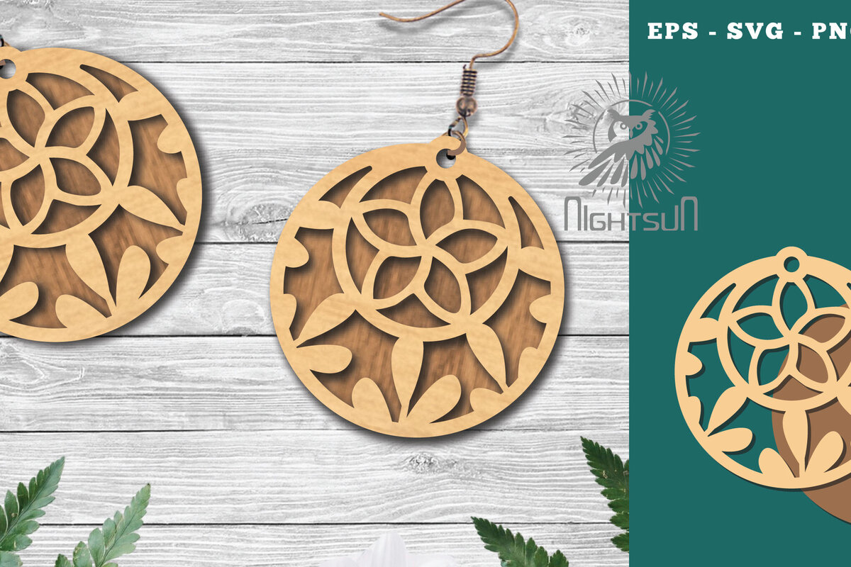 Σετ των 3 Intra απο ξύλο plywood  Χρώμα wenge 3mm-4mm πάχος - Σκουλαρίκια με φλοράλ 2 Δίασταση 3x3 cm INTRAFABR-112154480