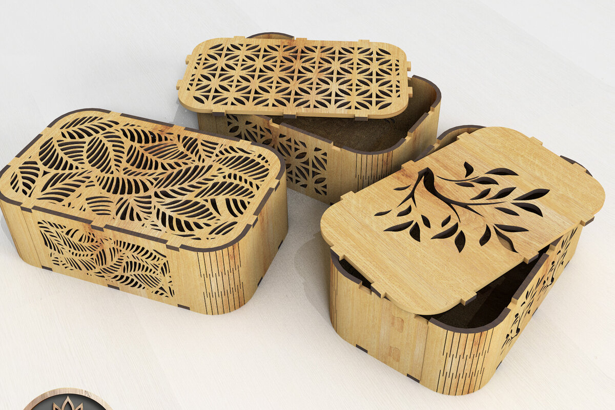 Σετ των 2 Intra απο ξύλο plywood  Χρώμα wenge 3mm-4mm πάχος - Floral διακοσμητικά κουτιά σετ 3 τεμαχίων Δίασταση 2x4 cm INTRAFABR-115171836