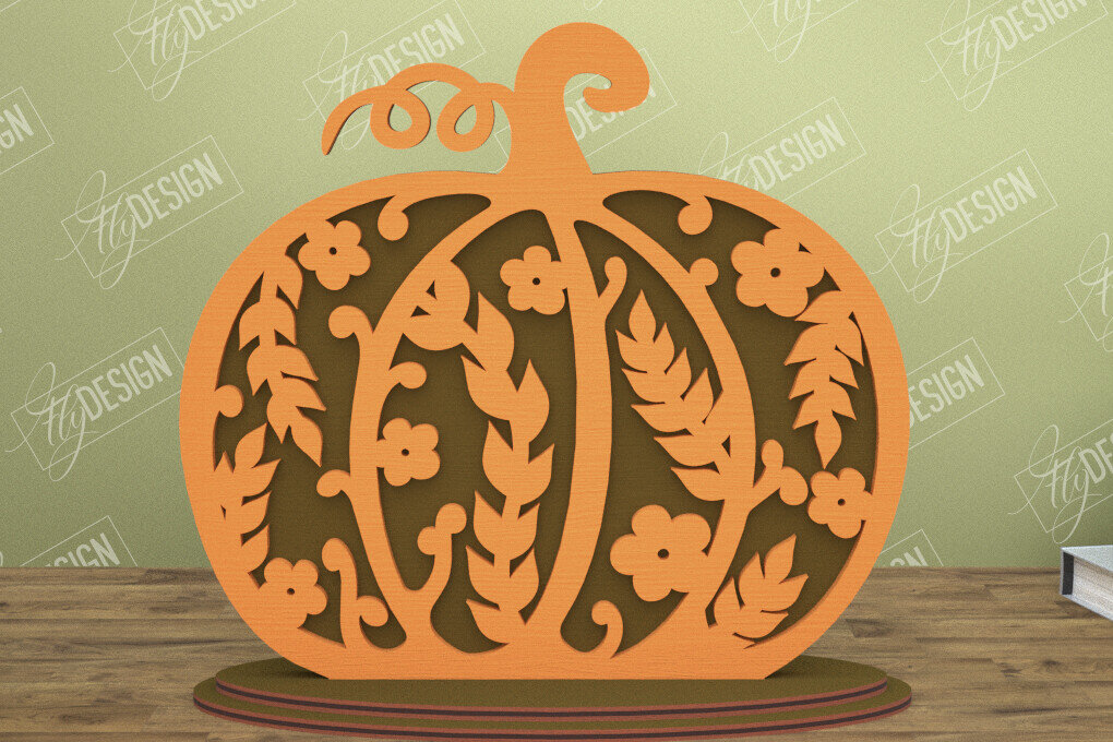 Σετ των 2 Intra απο ξύλο plywood  Χρώμα wenge 3mm-4mm πάχος - Floral κολοκύθα | Στολίδια κολοκύθας | CNC Δίασταση 6x6 cm INTRAFABR-38834437