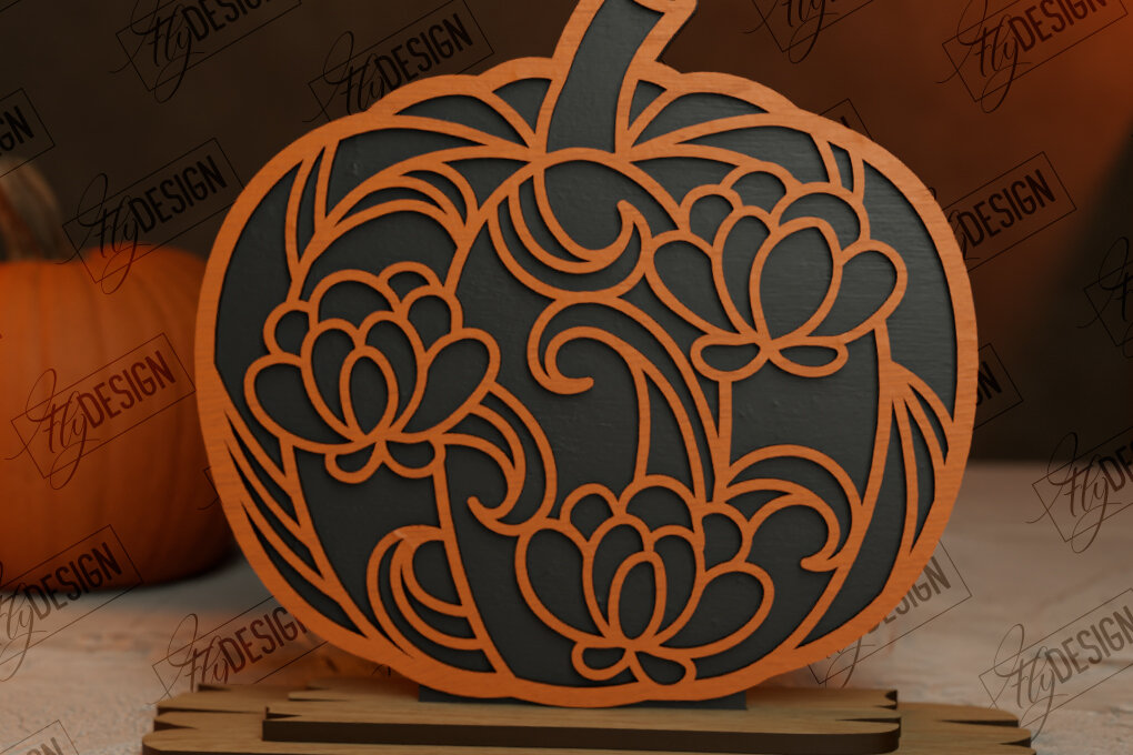 Σετ των 2 Intra απο ξύλο plywood  Χρώμα wenge 3mm-4mm πάχος - Floral κολοκύθα | Στολίδια κολοκύθας | CNC Δίασταση 6x6 cm INTRAFABR-112212163