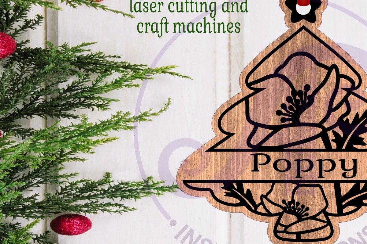 Σετ των 2 Intra απο ξύλο plywood  Χρώμα wenge 3mm-4mm πάχος - Floral Tree Χριστουγεννιάτικο Στολίδι Laser Δίασταση 6x6 cm INTRAFABR-25565852