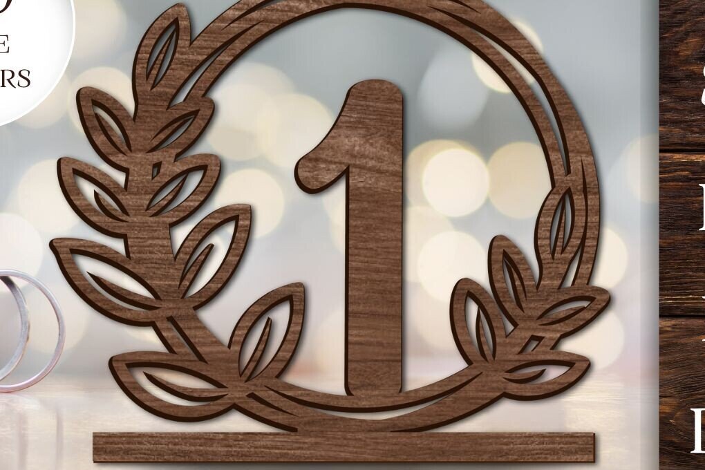 Σετ των 2 Intra απο ξύλο plywood  Χρώμα wenge 3mm-4mm πάχος - Floral νούμερα τραπεζιού γάμου Δίασταση 10x8 cm INTRAFABR-70938917