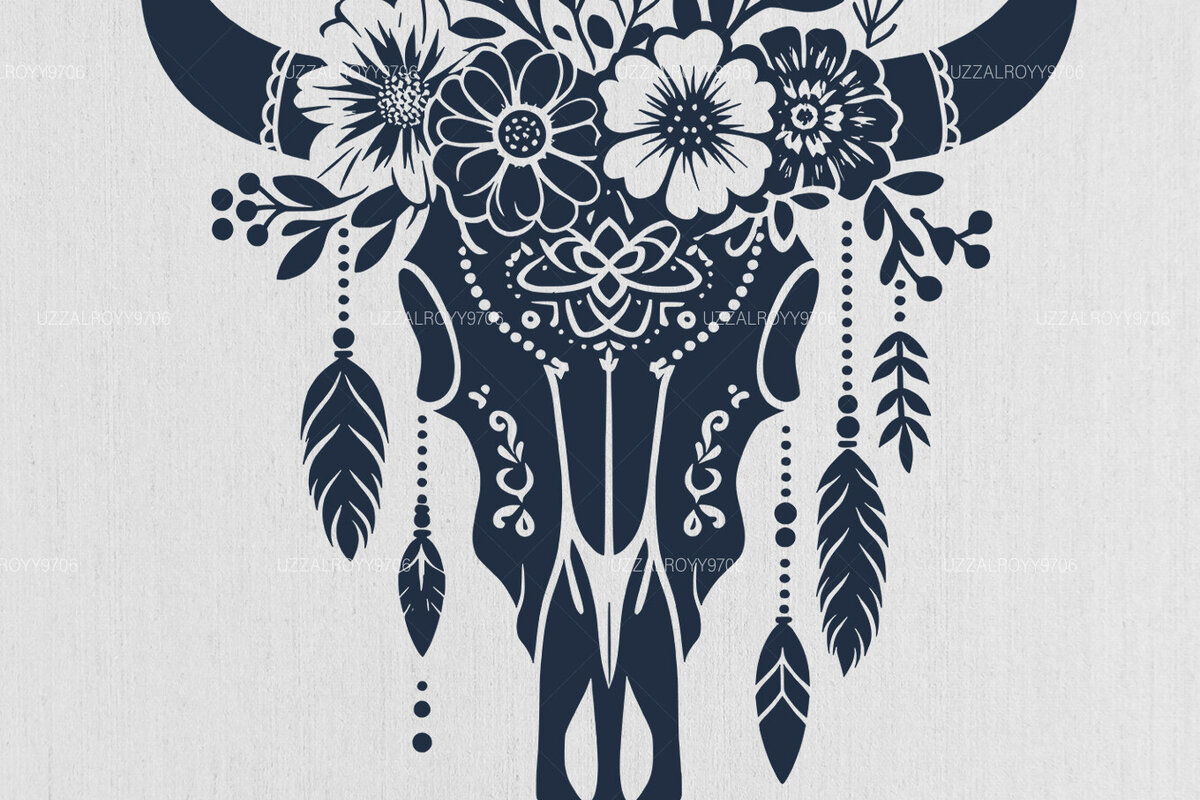 Σετ των 2 Intra απο ξύλο plywood  Χρώμα wenge 3mm-4mm πάχος - Floral Western Cow Skull Flowers Δίασταση 4x4 cm INTRAFABR-70939044