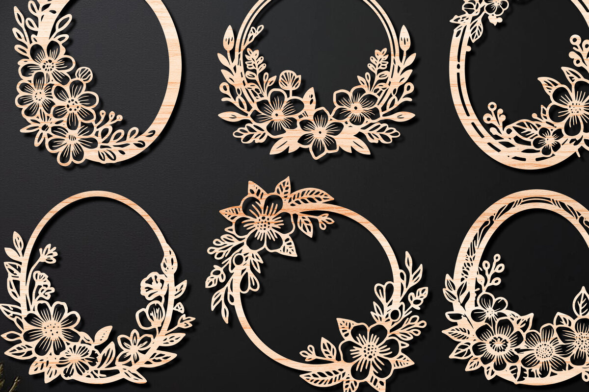 Σετ των 2 Intra απο ξύλο plywood  Χρώμα wenge 3mm-4mm πάχος - Πακέτο κοπής με λέιζερ Floral Wreath 02 Δίασταση 20x20 cm INTRAFABR-79291346