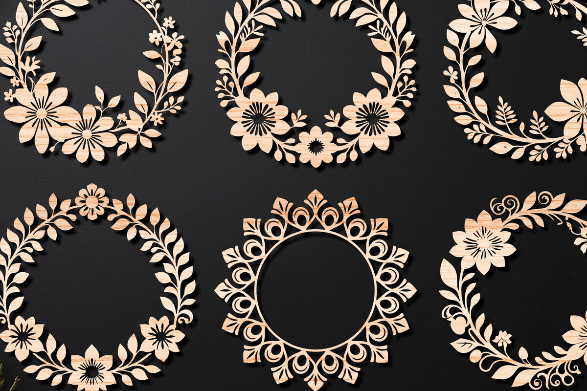 Σετ των 2 Intra απο ξύλο plywood  Χρώμα wenge 3mm-4mm πάχος - Πακέτο κοπής με λέιζερ Floral Wreath 06 Δίασταση 20x20 cm INTRAFABR-90911276