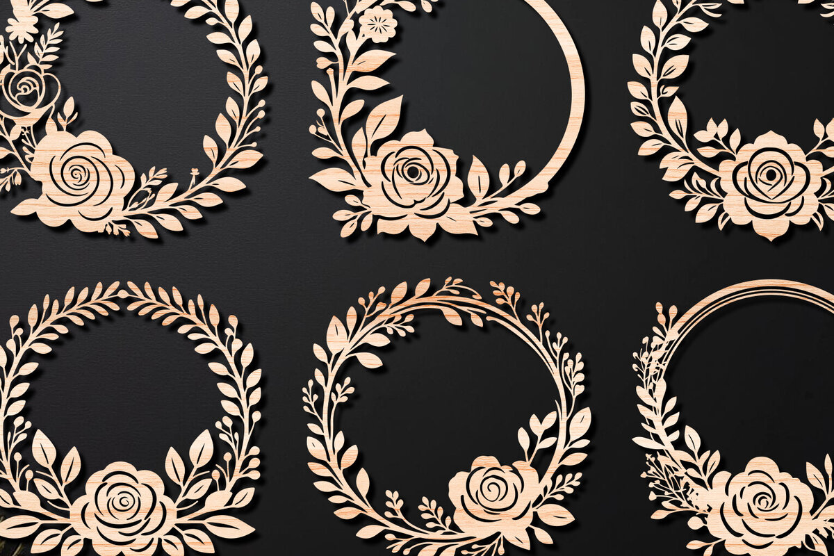 Σετ των 2 Intra απο ξύλο plywood  Χρώμα wenge 3mm-4mm πάχος - Πακέτο κοπής με λέιζερ Floral στεφάνι 11 Δίασταση 20x20 cm INTRAFABR-125350050