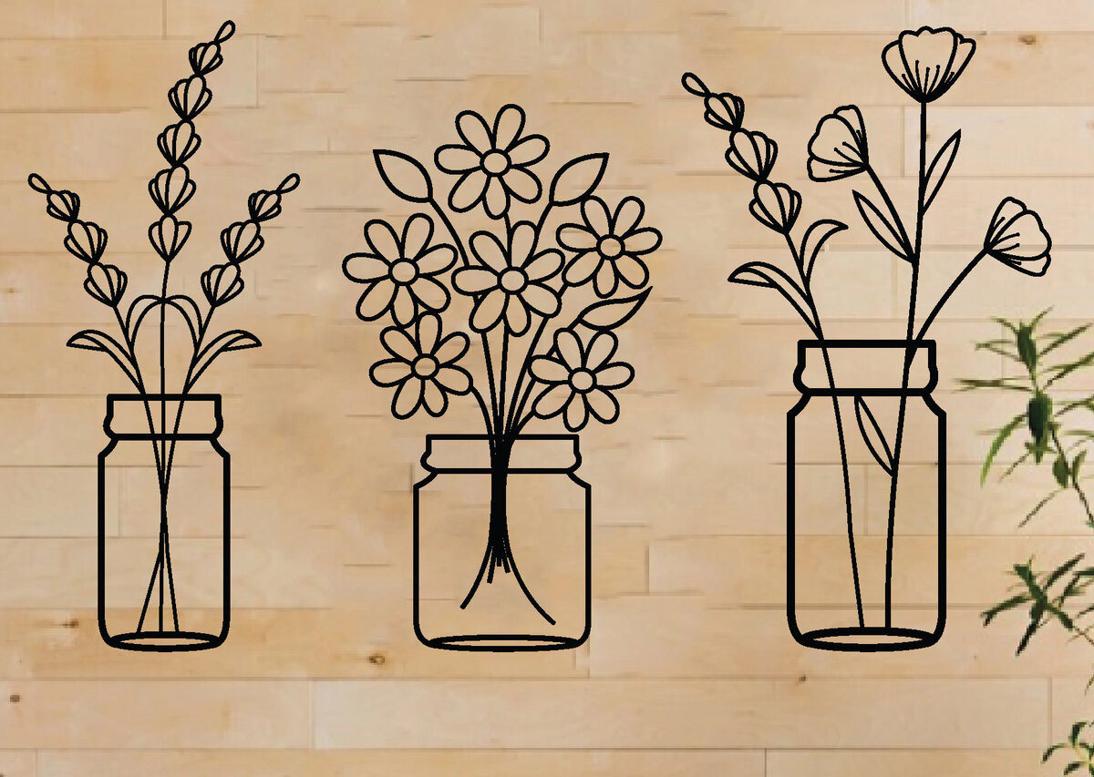 Intra απο ξύλο plywood  Χρώμα wenge 3mm-4mm πάχος - Λουλούδι σε βάζο διακόσμηση τοίχου σετ 3 Δίασταση 40x50 cm INTRAFABR-37398055