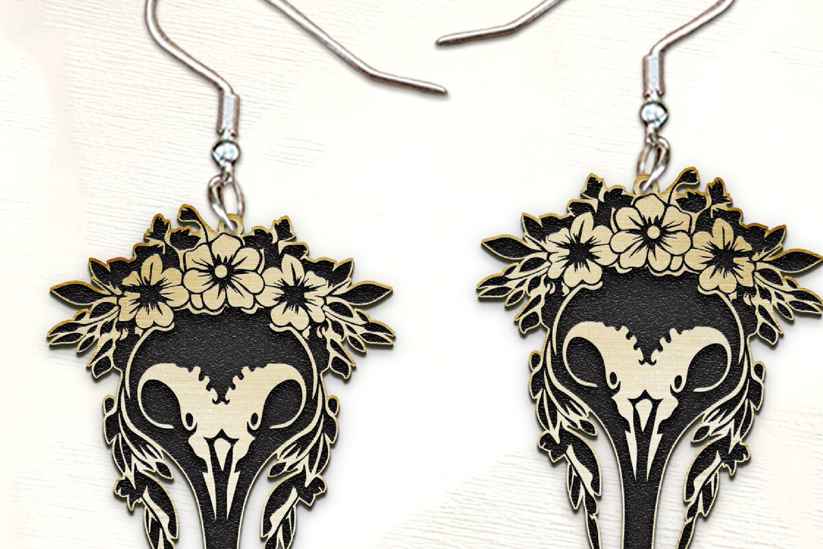 Σετ των 3 Intra απο ξύλο plywood  Χρώμα wenge 3mm-4mm πάχος - Σκουλαρίκια Flower Scull . Δίασταση 3x3 cm INTRAFABR-16110230