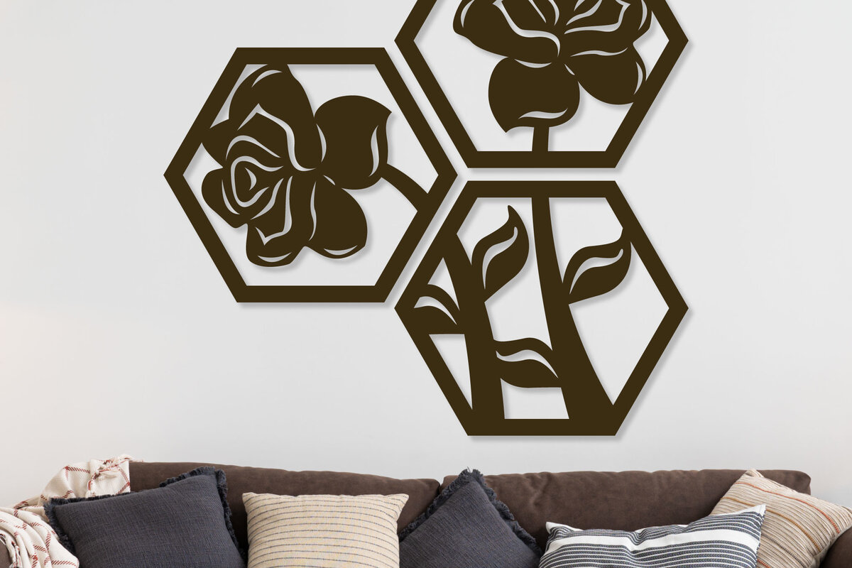 Σετ των 2 Intra απο ξύλο plywood  Χρώμα wenge 3mm-4mm πάχος - Σχήμα λουλουδιού Εξάγωνο Διακόσμηση Τοίχων Δίασταση 20x20 cm INTRAFABR-117762481