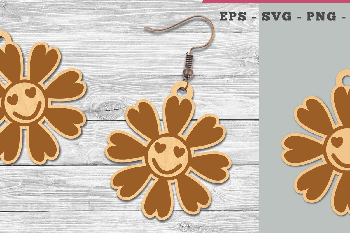 Σετ των 3 Intra απο ξύλο plywood  Χρώμα wenge 3mm-4mm πάχος - Flower Smile Σκουλαρίκια κομμένα με λέιζερ Δίασταση 3x3 cm INTRAFABR-120324749