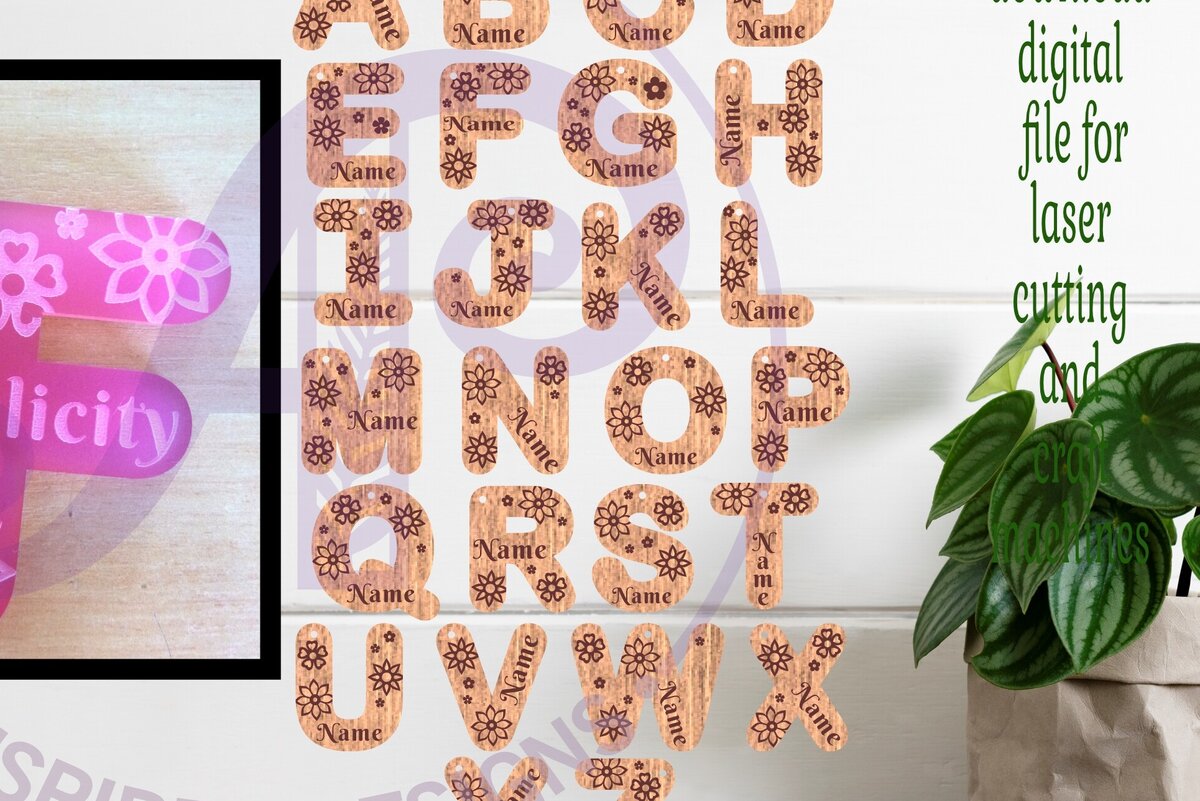 Σετ των 2 Intra απο ξύλο plywood  Χρώμα wenge 3mm-4mm πάχος - Μπρελόκ με θέμα το λουλούδι Σχέδια επιστολών Δίασταση 4x4 cm INTRAFABR-121326904