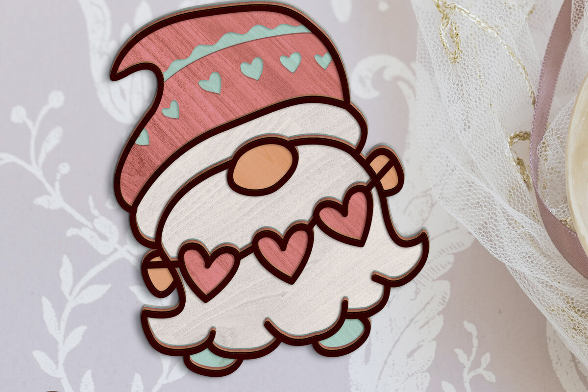 Σετ των 2 Intra απο ξύλο plywood  Χρώμα wenge 3mm-4mm πάχος - Διακοσμητικό πρότυπο Gnome με καρδιές Δίασταση 7x6 cm INTRAFABR-119137412