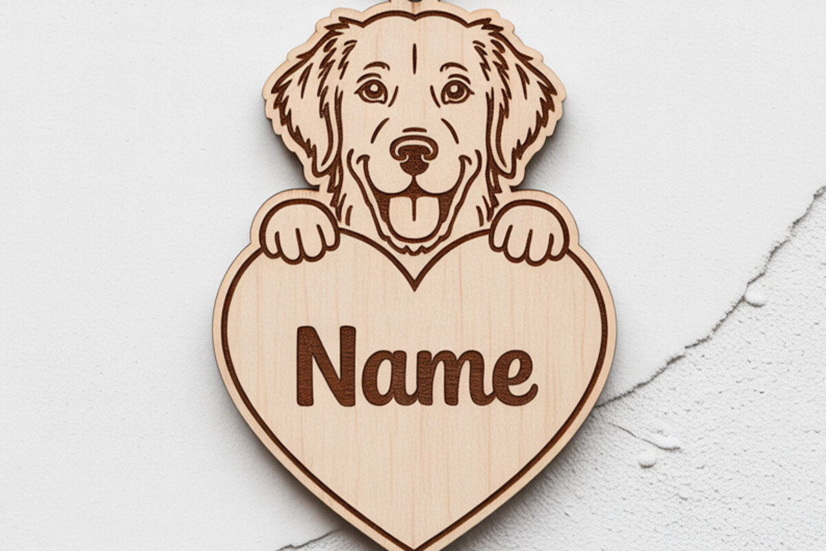 Σετ των 2 Intra απο ξύλο plywood  Χρώμα wenge 3mm-4mm πάχος - Μπρελόκ Golden Retriever Δίασταση 4x4 cm INTRAFABR-92484885