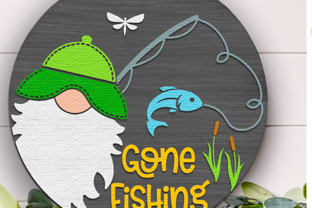 Σετ των 2 Intra απο ξύλο plywood  Χρώμα wenge 3mm-4mm πάχος - Gone Fishing , Summer Door Sign DXF Δίασταση 4x4 cm INTRAFABR-121186564