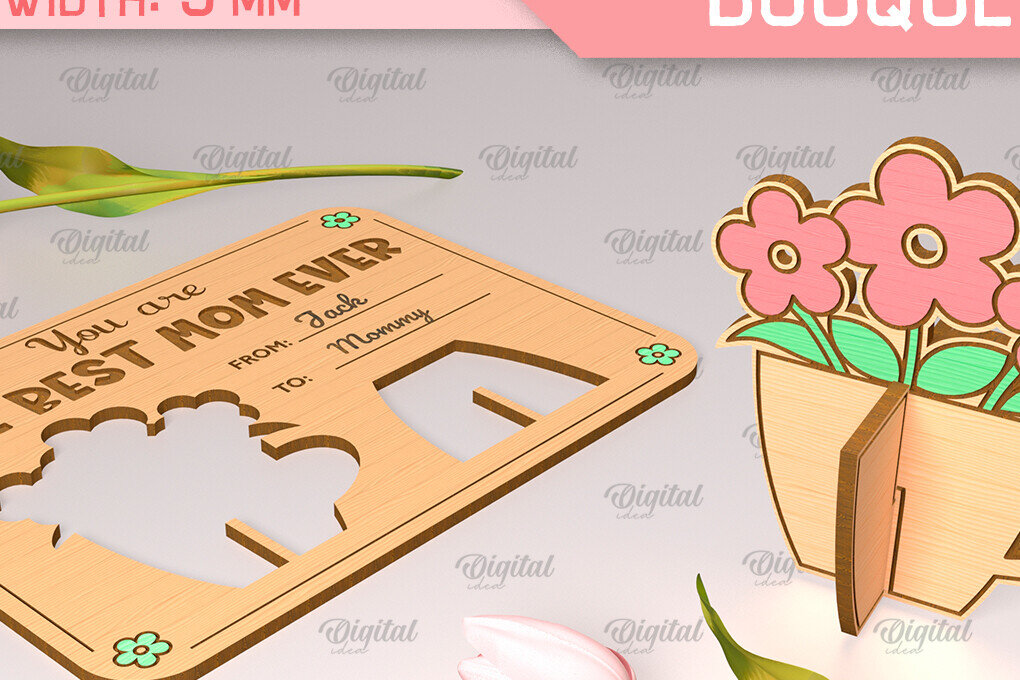 Σετ των 2 Intra απο ξύλο plywood  Χρώμα wenge 3mm-4mm πάχος - Ευχετήρια κάρτα λέιζερ. Μπουκέτο λουλουδιών Δίασταση 10x15 cm INTRAFABR-112568211