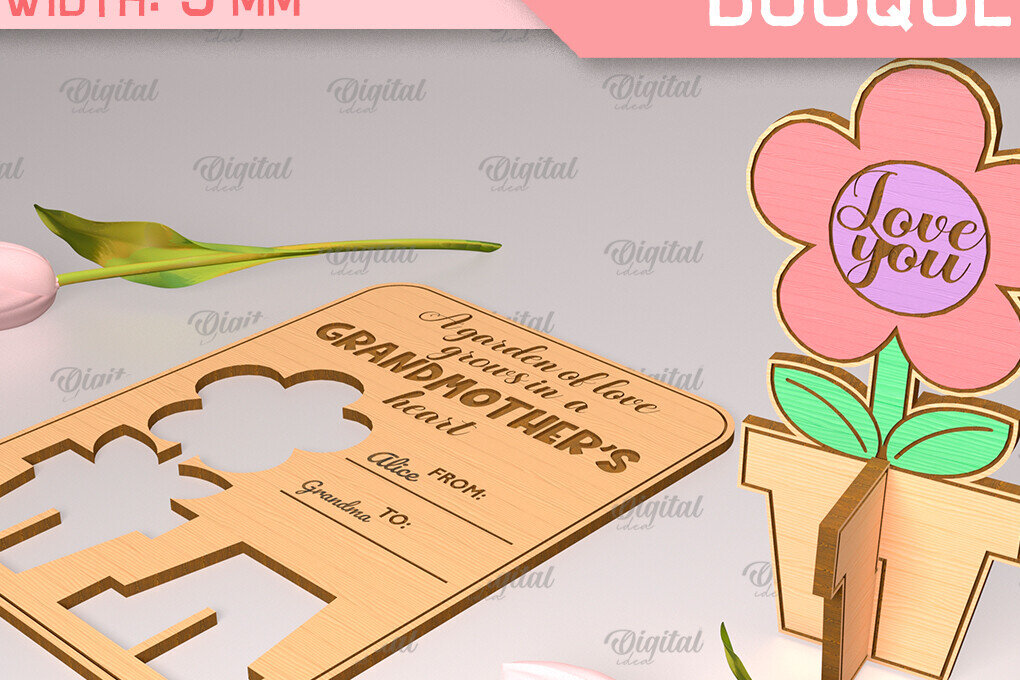 Σετ των 2 Intra απο ξύλο plywood  Χρώμα wenge 3mm-4mm πάχος - Ευχετήρια κάρτα λέιζερ. Μπουκέτο λουλουδιών Δίασταση 10x15 cm INTRAFABR-112322788