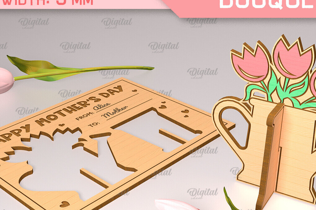 Σετ των 2 Intra απο ξύλο plywood  Χρώμα wenge 3mm-4mm πάχος - Ευχετήρια κάρτα λέιζερ. Μπουκέτο λουλουδιών Δίασταση 10x15 cm INTRAFABR-112328346